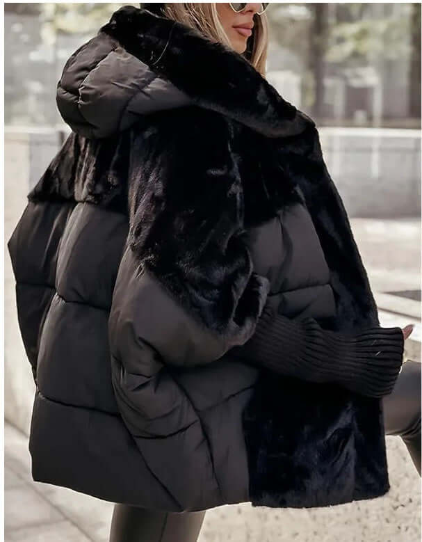 Womens Loose Cotton Coat Faux Fur Patchwork Winter Jacket in black, featuring a stylish hood and plush texture.
