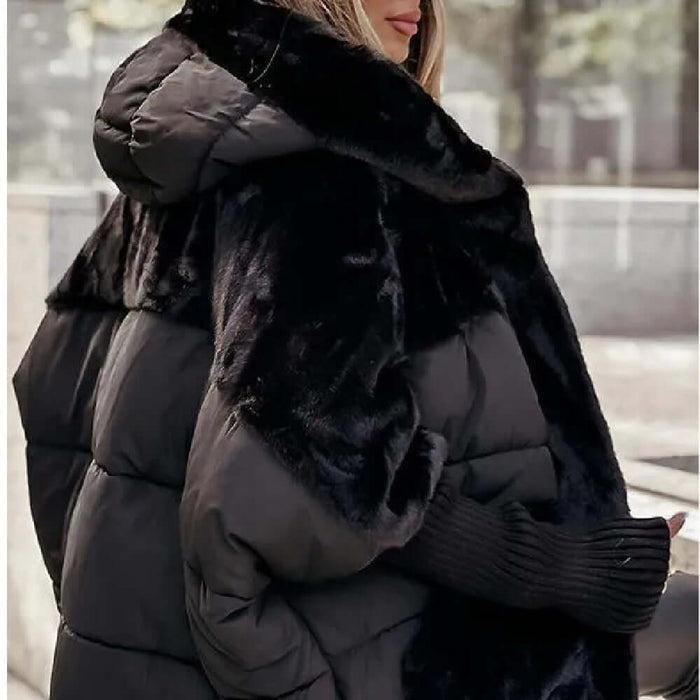 Womens Loose Cotton Coat Faux Fur Patchwork Winter Jacket in black with oversized hood and plush textures.