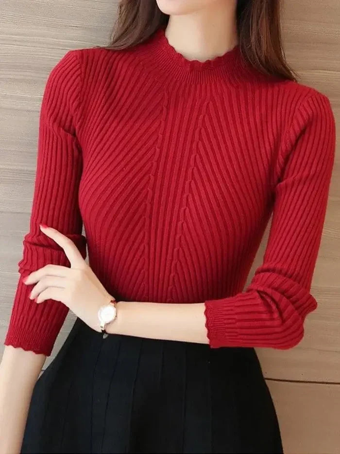 Womens Mock Neck Ruffle Knit Sweater 2026 front view