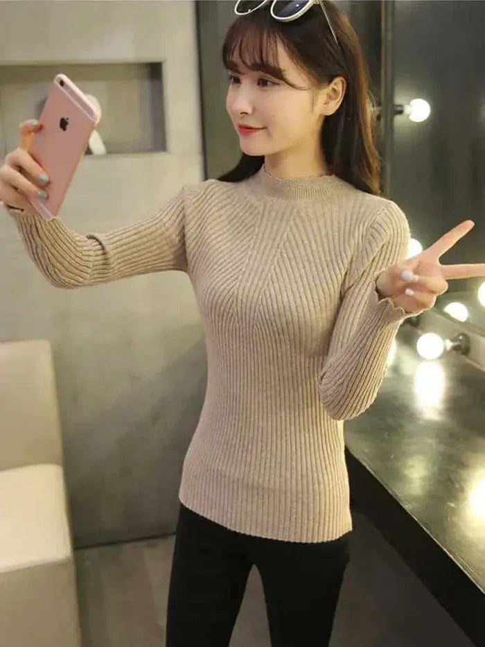 Womens Mock Neck Ruffle Knit Sweater 2026 long sleeve detail