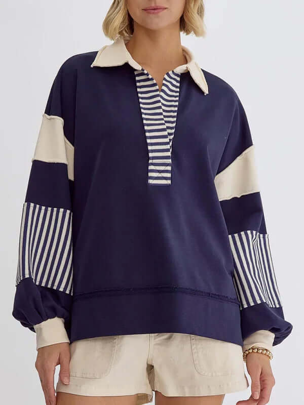 Women's Oversized Striped Polo Neck Sweatshirt Pullover winter styling