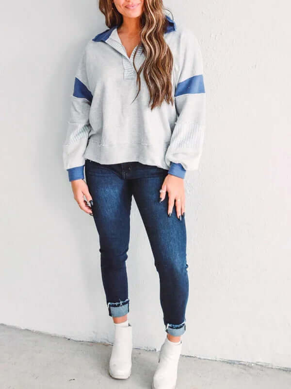 Women's Oversized Striped Polo Neck Sweatshirt Pullover cotton blend