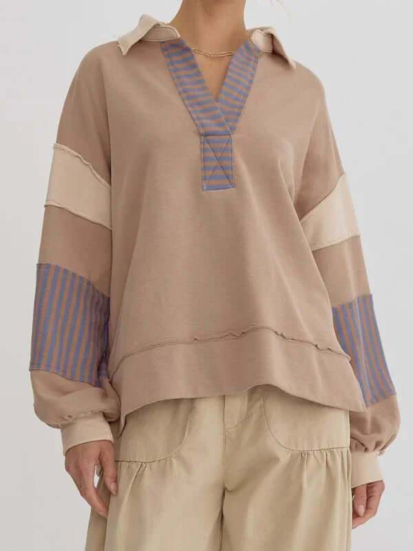 Women's Oversized Striped Polo Neck Sweatshirt Pullover striped design