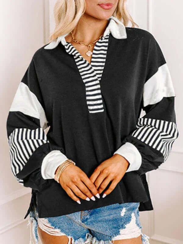 Women's Oversized Striped Polo Neck Sweatshirt Pullover polo collar