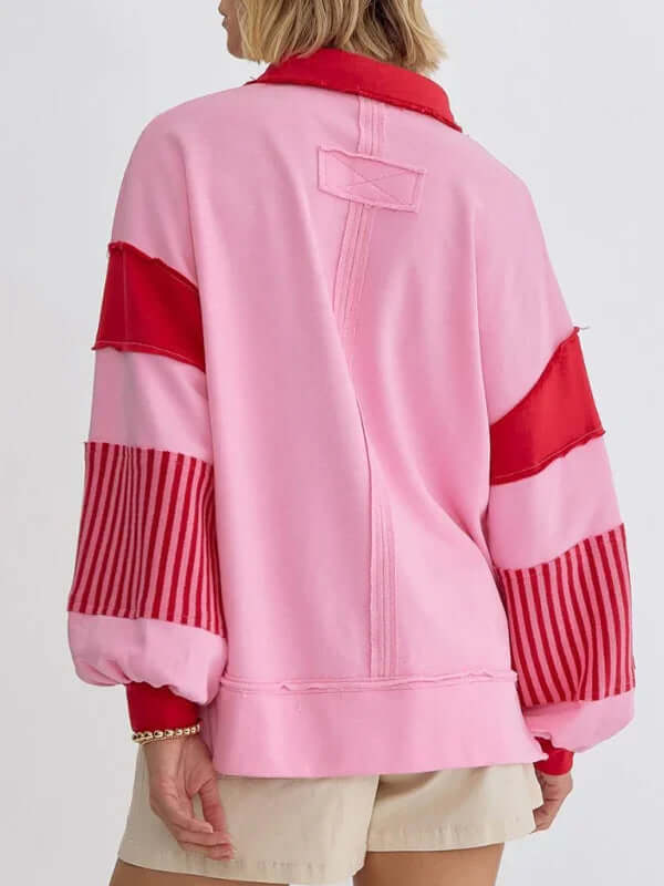 Women's Oversized Striped Polo Neck Sweatshirt Pullover side view