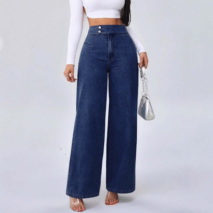 Womens Retro Deep Blue High-Waist Jeans - Wide-Leg Denim Pants displayed on a model wearing a white top.