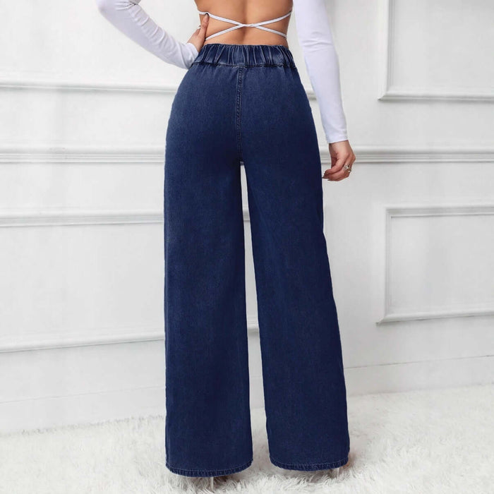 Womens Retro Deep Blue High-Waist Jeans - Wide-Leg Denim Pants, featuring a stylish back view with elastic waist.