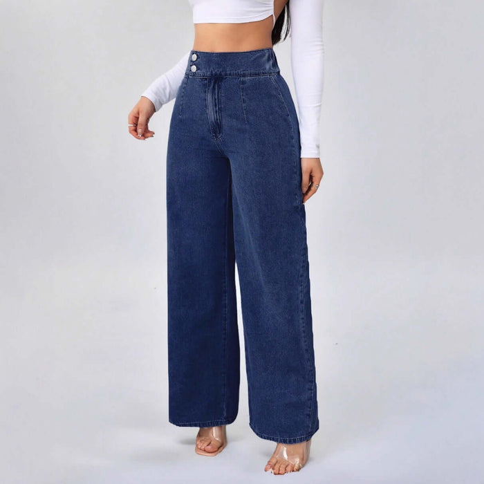 Womens Retro Deep Blue High-Waist Jeans - Wide-Leg Denim Pants showcasing a fashionable outfit for women.