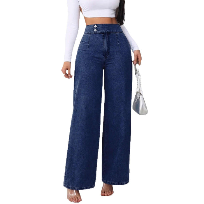 Womens Retro Deep Blue High-Waist Jeans - Wide-Leg Denim Pants on model wearing a white crop top and holding a silver bag.