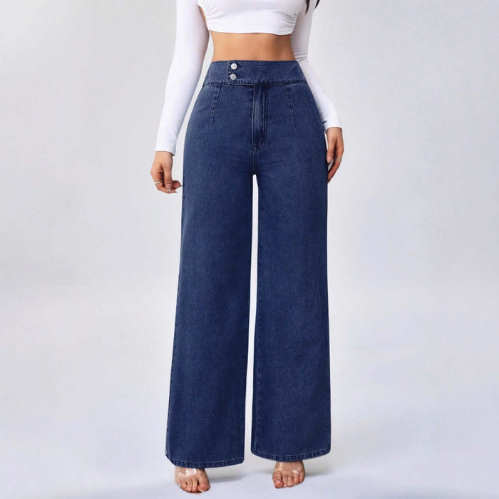Womens Retro Deep Blue High-Waist Jeans - Wide-Leg Denim Pants in a stylish outfit against a neutral background.