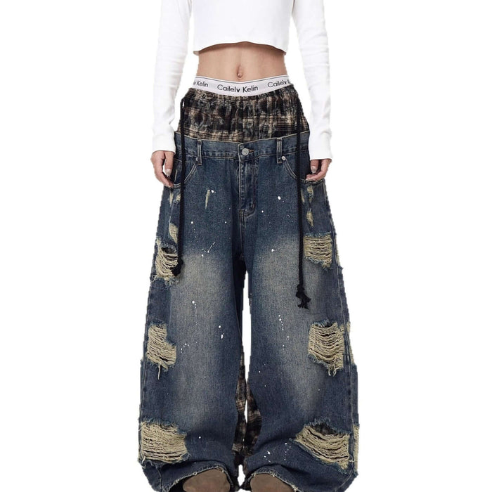 Womens Retro Ripped Wide-Leg Denim Jeans Street Style blue denim.