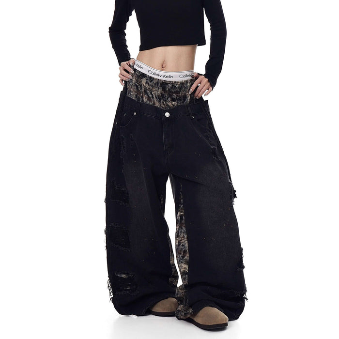 Womens Retro Ripped Wide-Leg Denim Jeans Street Style black denim.