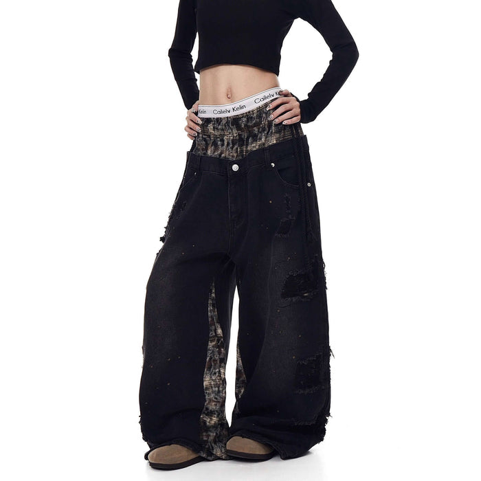 Womens Retro Ripped Wide-Leg Denim Jeans Street Style high waist fit.