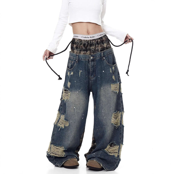 Womens Retro Ripped Wide-Leg Denim Jeans Street Style ripped detail.