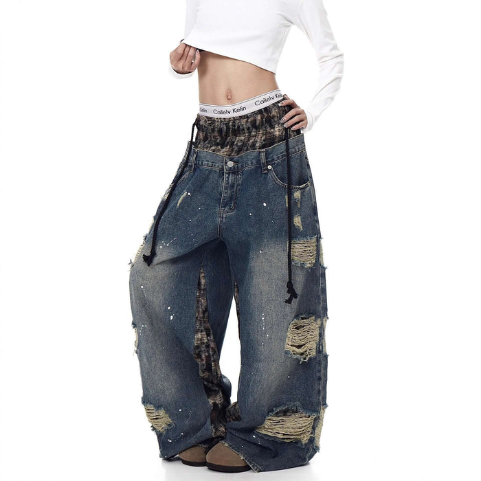 Womens Retro Ripped Wide-Leg Denim Jeans Street Style flared leg.