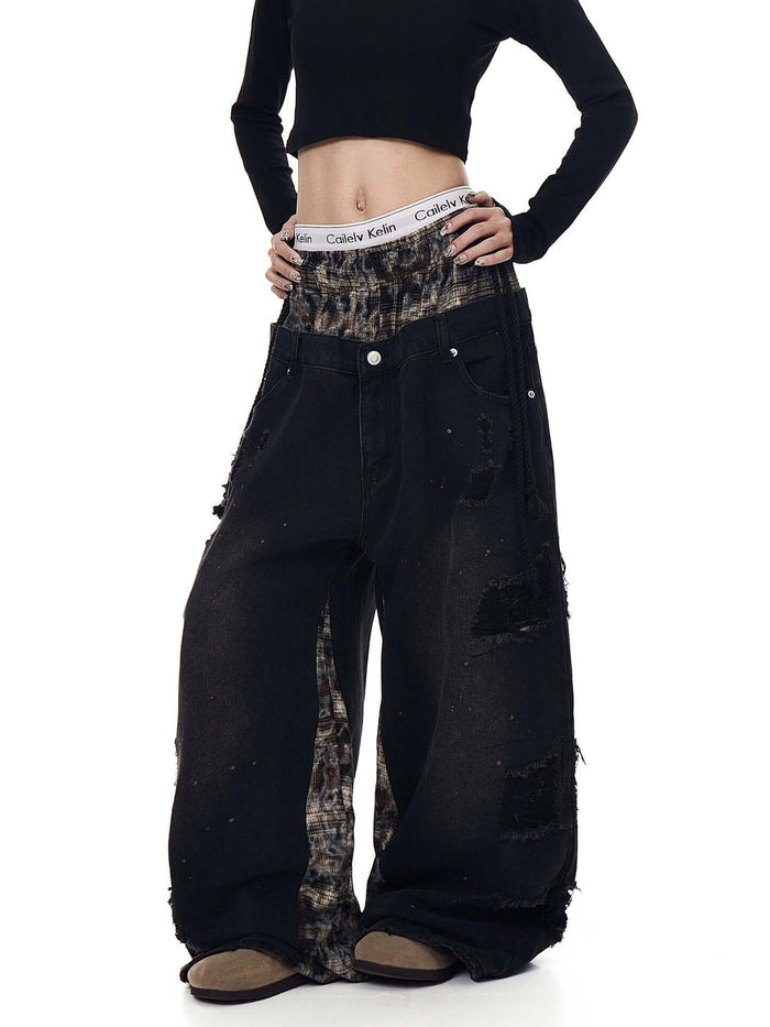 Womens Retro Ripped Wide-Leg Denim Jeans Street Style non-stretch cotton.