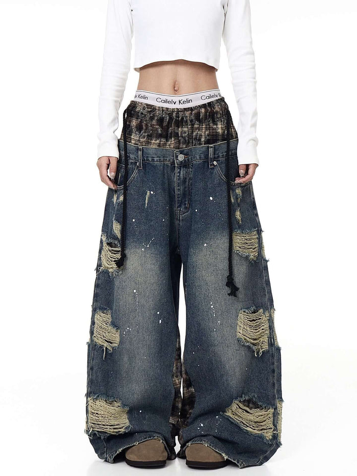 Womens Retro Ripped Wide-Leg Denim Jeans Street Style urban trendy look.