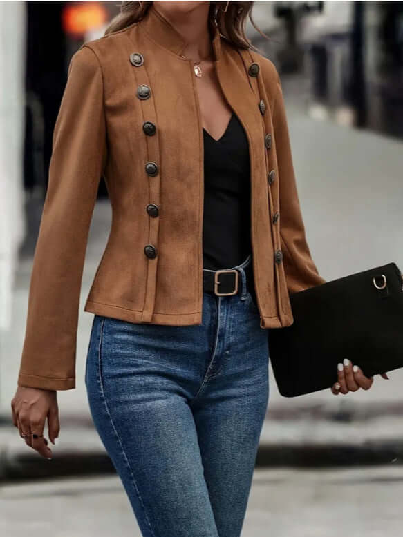 Womens Retro Suede Double Breasted Short Jacket Coat Stylish Double Breasted Design