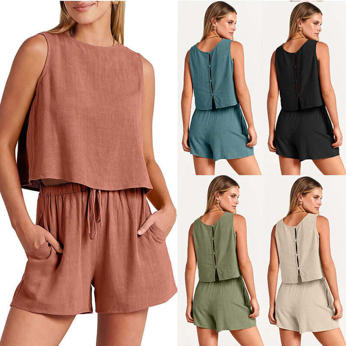 Womens Set Summer Sleeveless Tops And Drawstring Shorts Comfortable Everyday Wear