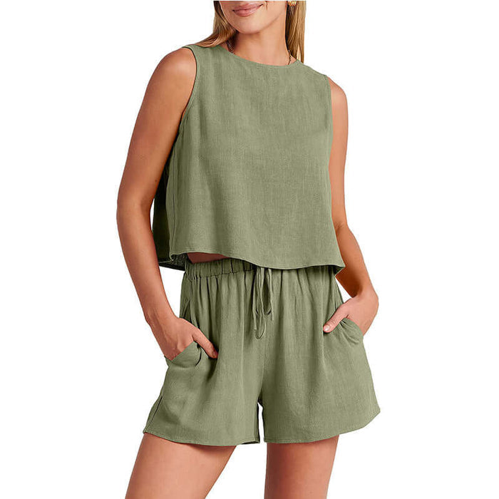 Womens Set Summer Sleeveless Tops And Drawstring Shorts Modern Summer Fashion