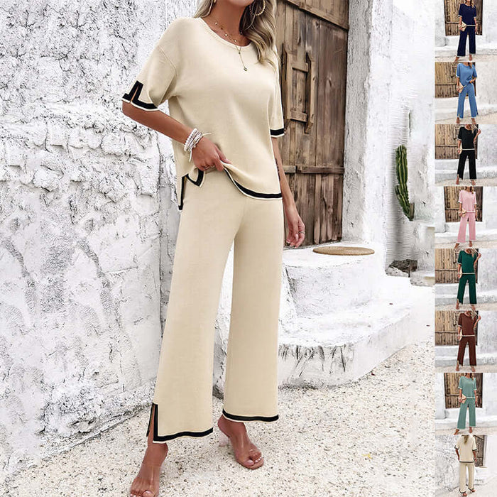 Womens Striped Knitted Suit Split Top Loose Trousers worn by a model in a stylish outdoor setting.