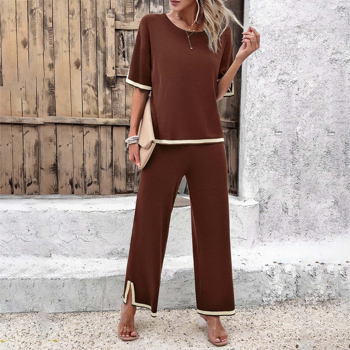 Womens Striped Knitted Suit Split Top Loose Trousers in brown with contrasting trim, styled outdoors.