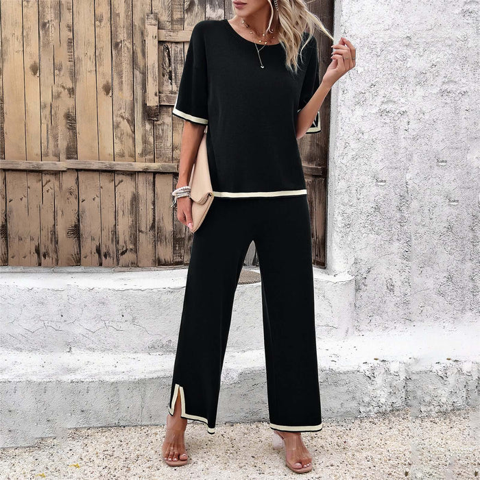 Womens Striped Knitted Suit Split Top Loose Trousers worn by a model standing against a rustic wooden background.