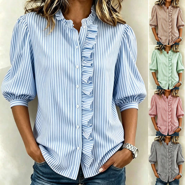 Women's Striped Puff Sleeve Blouse featuring ruffled front and puff sleeves in blue, modeling various color options.