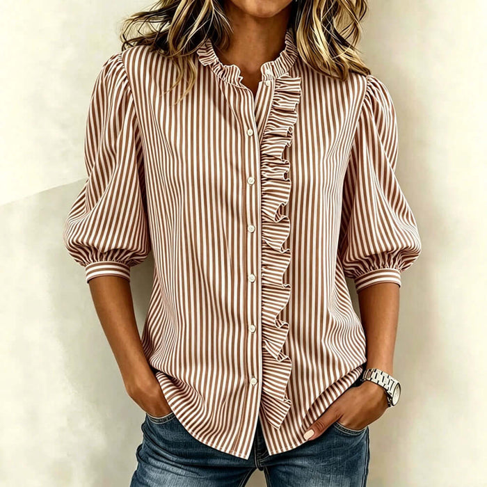 Stylish Women's Striped Puff Sleeve Blouse featuring a ruffled front and button closure, perfect for casual or semi-formal occasions.