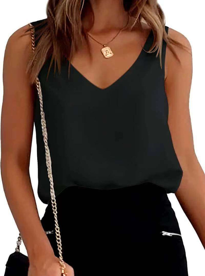 Women's Summer Casual V Neck Silk Satin Camisole Blouse close-up shot highlighting reflective weave of premium satin