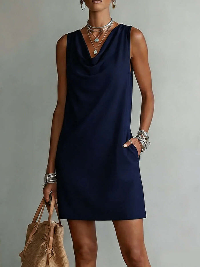 Womens Summer Draped Neckline Sleeveless Slim Mini Dress Flattering Slim Fit