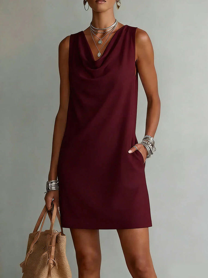 Womens Summer Draped Neckline Sleeveless Slim Mini Dress Chic Mini Length