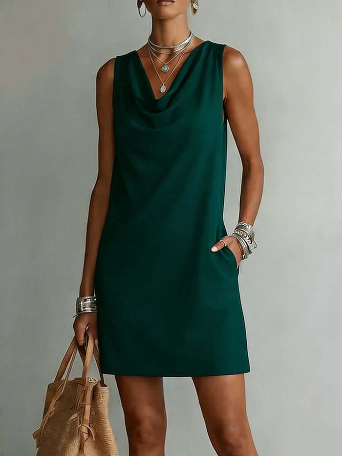 Womens Summer Draped Neckline Sleeveless Slim Mini Dress Modern Casual Fashion