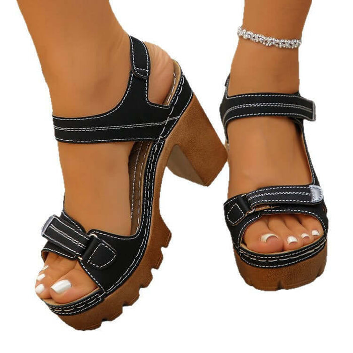 Women's Thick Sole Sandals Summer High Heel Shoes versatile classic jet black option highlighting a sleek urban casual look.