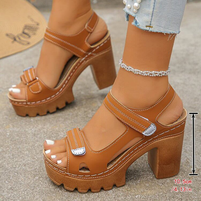 Women's Thick Sole Sandals Summer High Heel Shoes soft earth-toned khaki layout looking cozy and organic for summer travel.