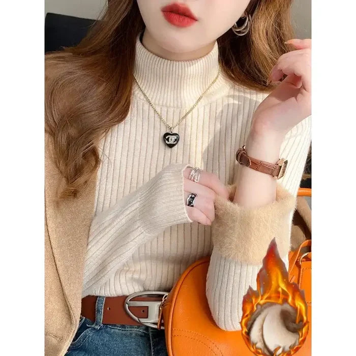 Womens Velvet Lined Retro Turtleneck Sweater velvet lining detail
