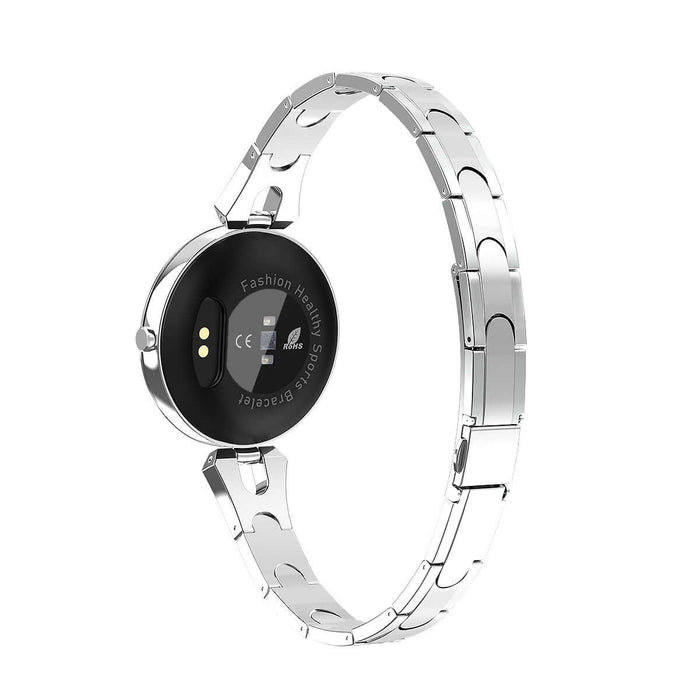 Womens Waterproof Fashion Smartwatch showing a sleek silver design with health monitoring features on the back.
