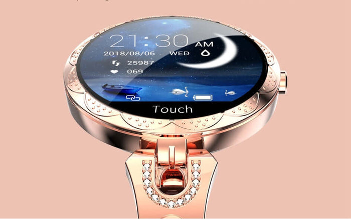 Womens Waterproof Fashion Smartwatch displaying time and health features on a stylish round touchscreen.