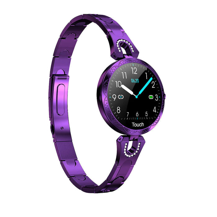 Womens Waterproof Fashion Smartwatch shown in purple, featuring a touch screen and stylish design for health monitoring.
