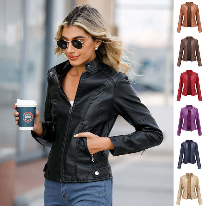Womens Zip Up Leather Jacket black color front view.