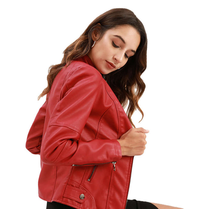 Womens Zip Up Leather Jacket PU material texture.