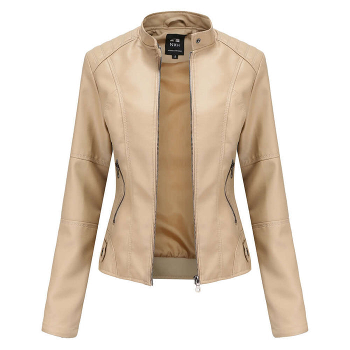 Womens Zip Up Leather Jacket beige casual style.