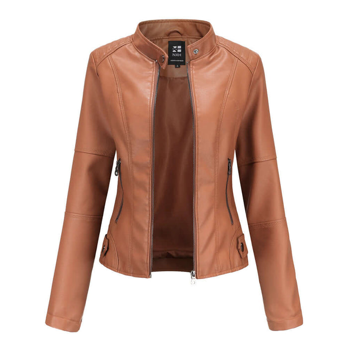 Womens Zip Up Leather Jacket brown autumn clothing.