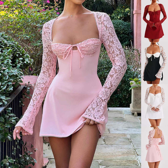 Y2K Lace Long Sleeve Corset Backless Short Dress Womens in pink with lace sleeves, model wears it outdoors.