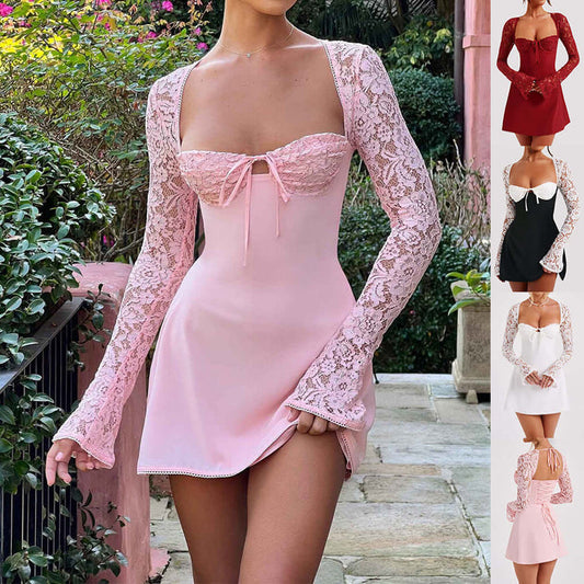 Y2K Lace Long Sleeve Corset Backless Short Dress Womens in pink with lace sleeves, model wears it outdoors.