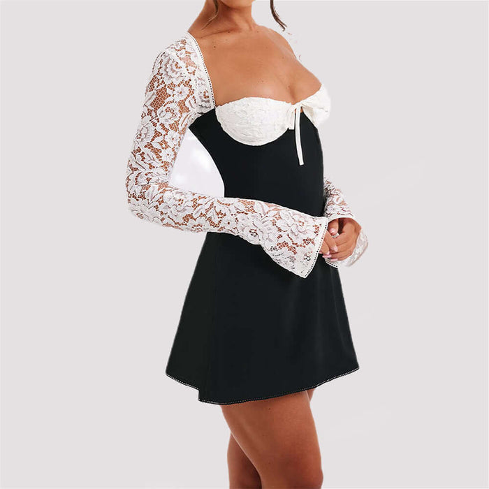 Y2K Lace Long Sleeve Corset Backless Short Dress Womens in black and white with lace sleeves and strapless bodice.