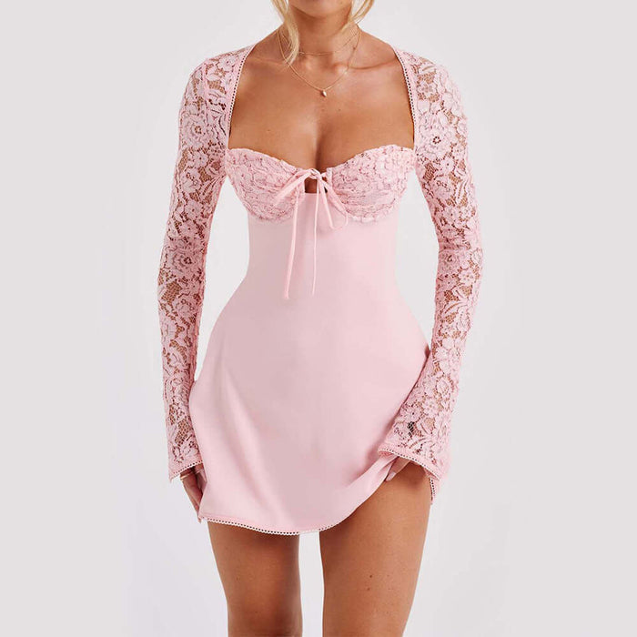Y2K Lace Long Sleeve Corset Backless Short Dress Womens in pink with lace sleeves and a sweetheart neckline