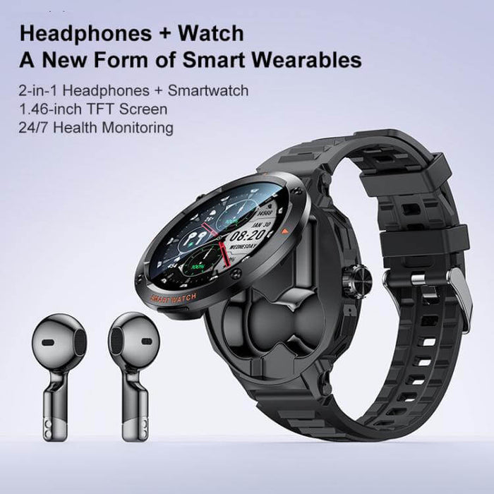Yesido IO50 Smart Watch with Built in TWS Earbuds featuring 2-in-1 headphones, 1.46-inch TFT screen, and 24/7 health monitoring.