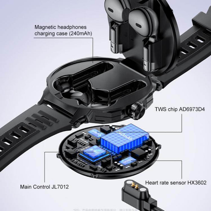 Yesido IO50 Smart Watch with Built in TWS Earbuds interior view showing charging case and internal components.