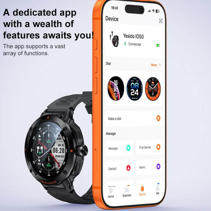 Yesido IO50 Smart Watch with Built in TWS Earbuds displayed alongside smartphone app showcasing features.